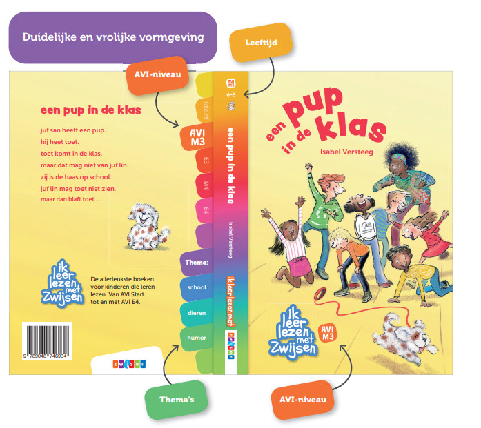 Omslag 'een pup in de klas', een van de boeken uit de serie 'ik leer lezen met Zwijsen'