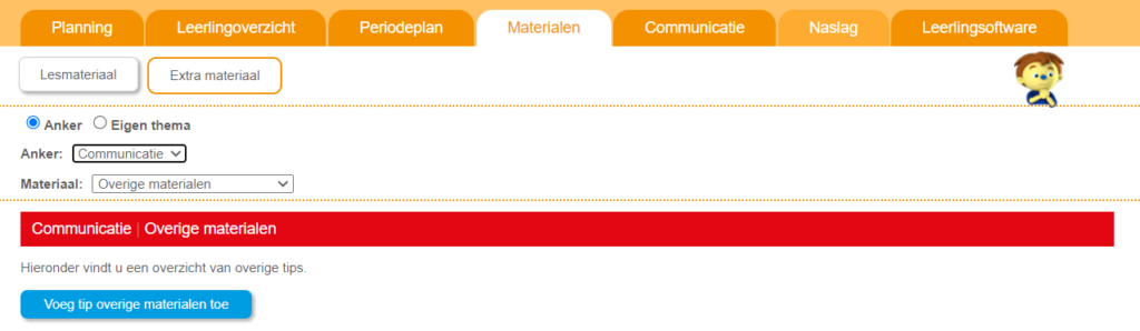 tab 'Materialen' in leerkrachtsoftware Schatkist