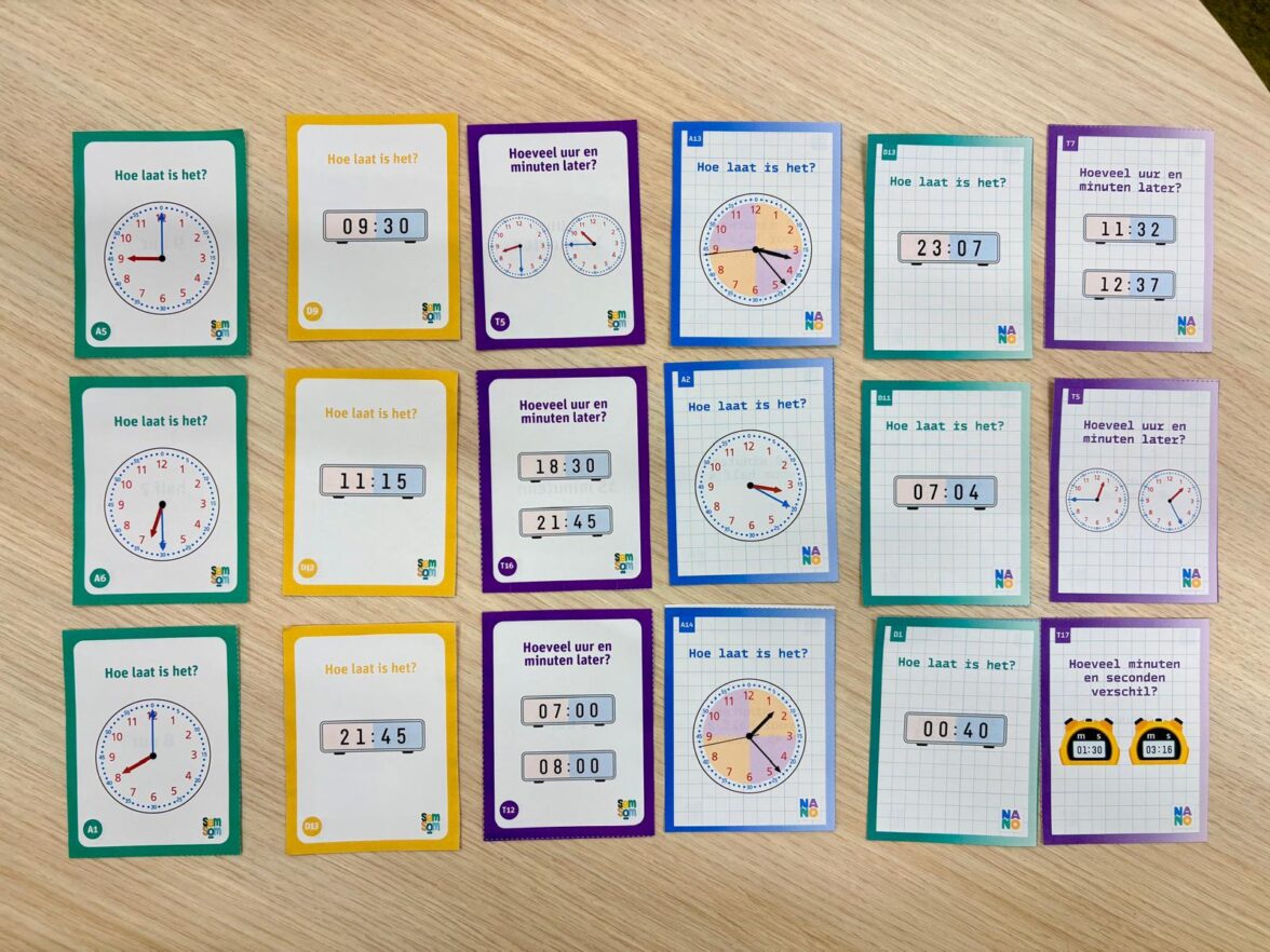 Voorbeelden van oefenkaarten klokkijken voor groep 4 t/m 6 van Semsom en Nano